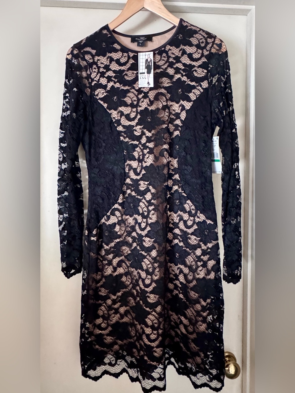 Black Lace Overlay Long Sleeve Dress with Nude Lining Size Large NWT